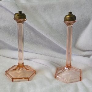 Vintage Pink Depression Lamp Base Pair